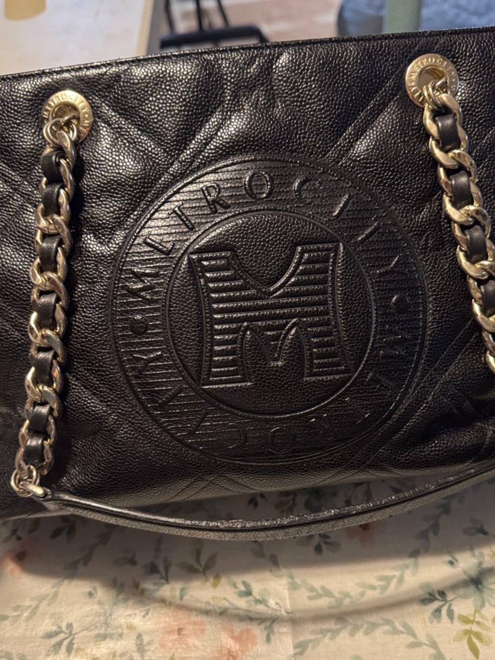Black Quilted Shoulder Bag with Chain Strap and Embossed Logo